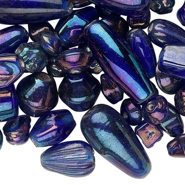 Bead mix, glass, luster cobalt blue, 7x4mm-21x11mm mixed shape. Sold per pkg of 50 grams, approximately 60-100 beads. image number 0