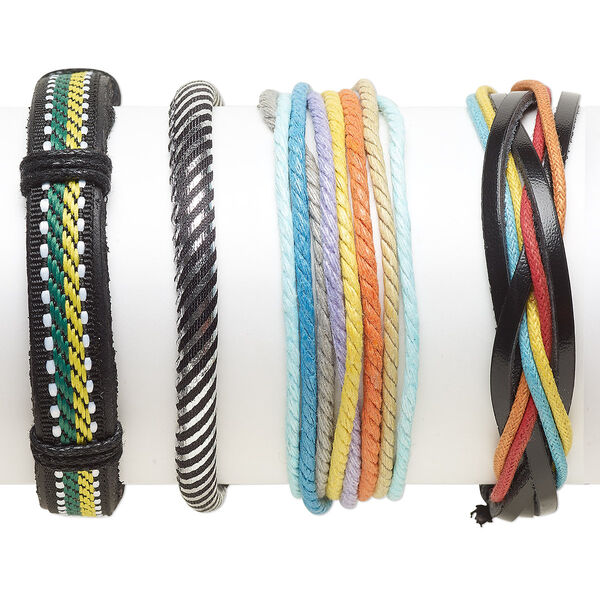 Bracelet mix, Everyday Jewelry, leather (dyed) / Japanese pagoda wood / nylon / waxed cotton cord, multicolored, 5.5-14mm wide, 7-8 inches. Sold per pkg of 4. image number 0