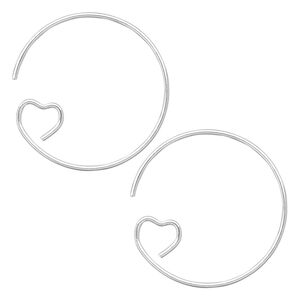Ear wire 1pkg100 silver-plated, 23mm round hoop / open heart, 19 gauge brass 50 pair