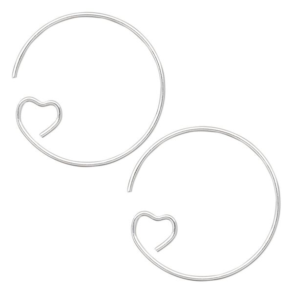 Ear wire 1pkg100 silver-plated, 23mm round hoop / open heart, 19 gauge brass 50 pair image number 0