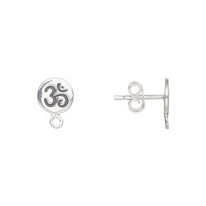 Earstud 1pkg2 sterling silver, 8mm round Om / closed loop / earnuts, antiqued 1 pair