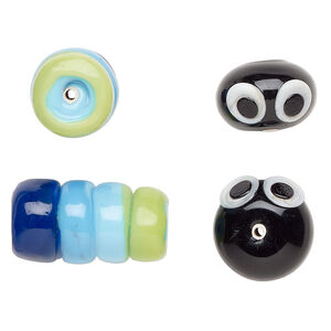 Bead, lampworked glass 2pkg2, multicolored, 17x12mm/24x13mm caterpillar head and body.