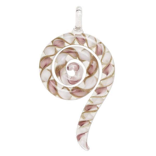 Focal, lampworked glass 1pkg1, translucent and transparent light purple / white / clear with copper-colored glitter, 3x1.5 inch swirl. image number 0