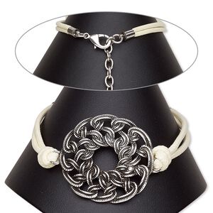 Bracelet, 2-strand, waxed cotton cord with antique silver-plated steel and "pewter" (zinc-based alloy), white, 38mm round knot, 7-1/2 inches with 2-inch extender chain and lobster claw clasp. Sold individually.