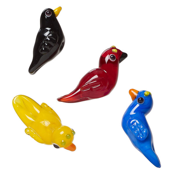 Bead mix 1pkg4, lampworked glass, multicolored, 25x13mm bird. image number 0