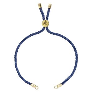 Bracelet component, nylon and gold-finished "pewter" (zinc-based alloy), cobalt, 3mm wide, 8-3/4 inches with 9mm flat round adjustable slider bead with tree of life design and 2 open loops. Sold individually.
