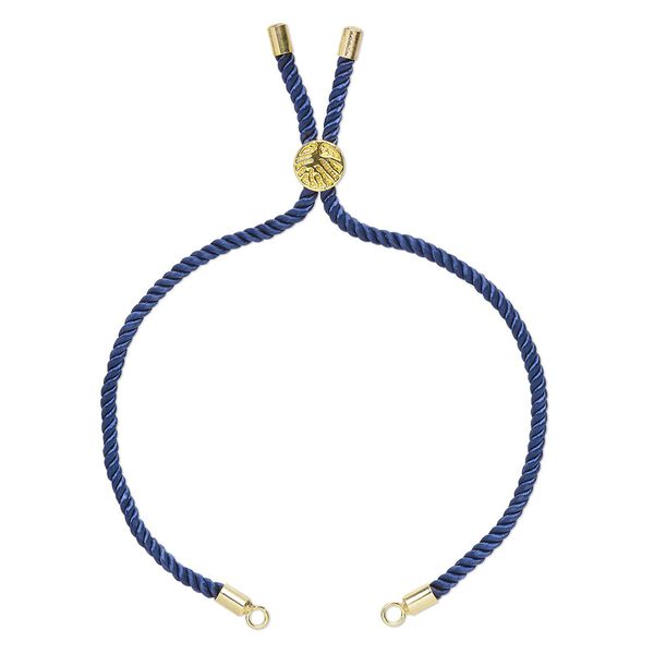 Bracelet component, nylon and gold-finished "pewter" (zinc-based alloy), cobalt, 3mm wide, 8-3/4 inches with 9mm flat round adjustable slider bead with tree of life design and 2 open loops. Sold individually. image number 0