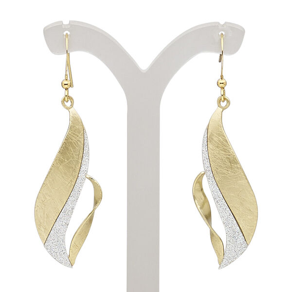 Earring, gold-finished brass and steel, silver with glitter, 2 inches with scratched twisted marquise and fishhook ear wire. Sold per pair. image number 0