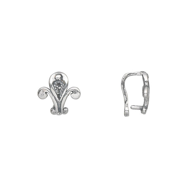 Bail, JBB Findings, peg with eye, antiqued sterling silver, 10mm fleur-de-lis, 7mm grip length. Sold individually. image number 0