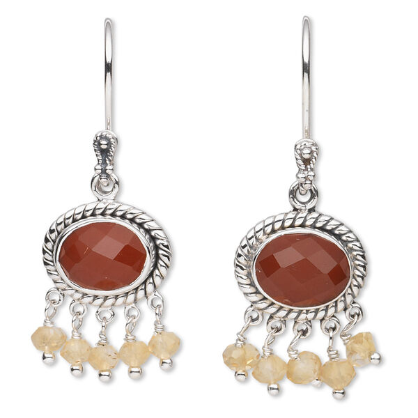 Earring, citrine / carnelian (dyed / heated) / antiqued sterling silver, 37mm with 11x8mm faceted oval and 4x3mm faceted rondelle with fishhook ear wire. Sold per pair. image number 0