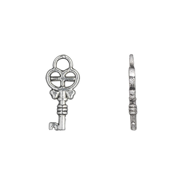 Charm, antique silver-plated "pewter" (zinc-based alloy), 15x9mm double-sided key. Sold per pkg of 50. image number 0