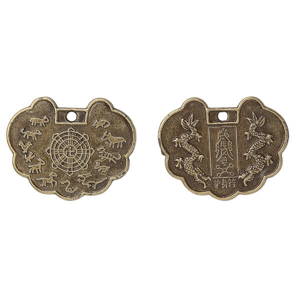 Focal, antique brass-plated "pewter" (zinc-based alloy), 30x23mm Chinese Zodiac "protective talisman." Sold per pkg of 50. image number 0