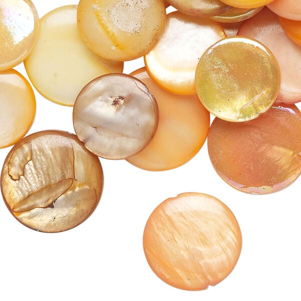 Mother-of-pearl shell 1pkg4oz, puffed flat round bead mix multi-orange 13-16mm image number 0