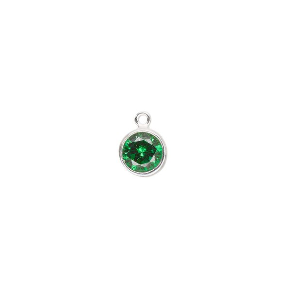 Drop, cubic zirconia and sterling silver, emerald green, 7mm faceted round. Sold individually. image number 0
