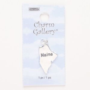 Charm, steel and enamel, pkg/1, silver finish and black, 24x17mm with "Maine."