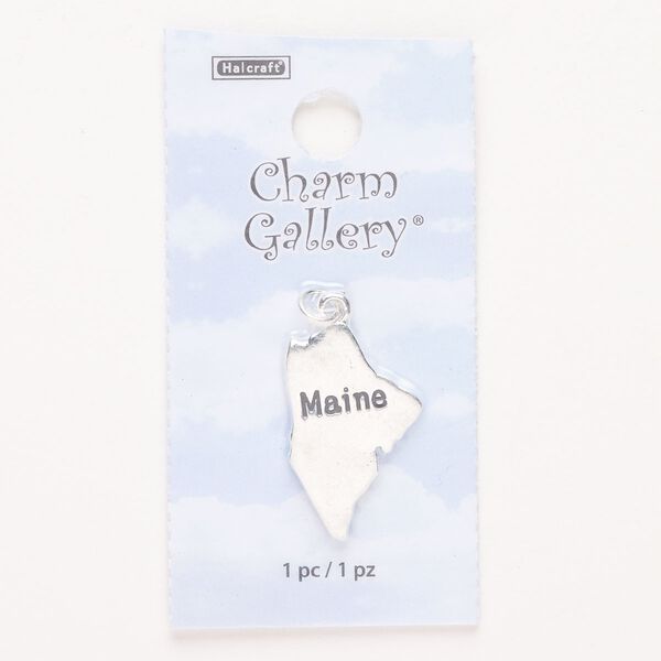 Charm, steel and enamel, pkg/1, silver finish and black, 24x17mm with "Maine." image number 0