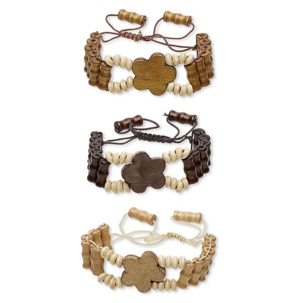 Bracelet, wood (natural) and stained wood, brown and dark brown, 25mm wide with flower, adjustable from 5-1/2 to 9 inches with macramé knot closure. Sold per pkg of 3. image number 0