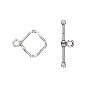 Clasp toggle 1pkg20 silver-plated "pewter" (zinc alloy), 14mm double-sided diamond, antique 1-strand