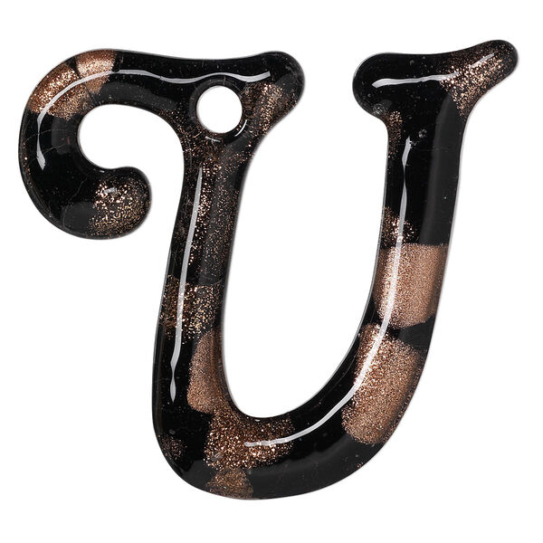 Focal, lampworked glass, semitransparent black and clear with copper-colored glitter, 47x42mm single-sided letter U with 3.5-4.5mm hole. Sold individually. image number 0