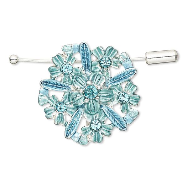 Brooch / pendant, glass rhinestone / enamel / silver-finished "pewter" (zinc-based alloy), aqua and blue, 32x31mm flower. Sold individually. image number 0