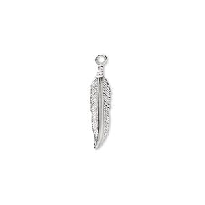 Charm, silver-plated brass, 18x4mm single-sided feather. Sold per pkg of 500.