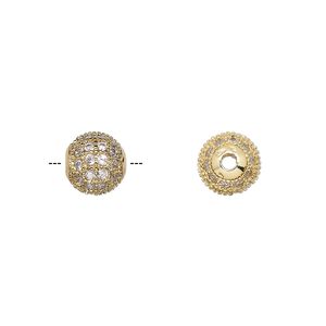 Bead, cubic zirconia and gold-finished brass, clear, 8mm textured round. Sold individually.