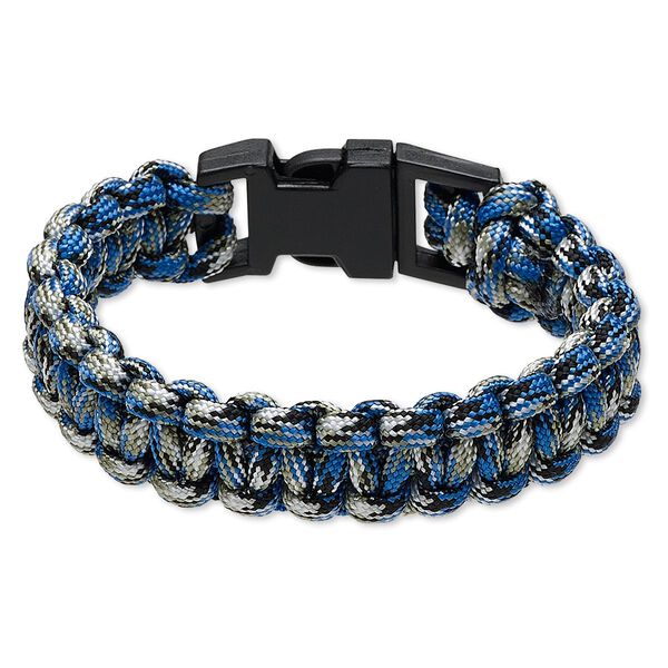Bracelet, nylon paracord and plastic, multicolored, 18mm wide survival with camo design, 7 inches with buckle clasp. Sold individually. image number 0