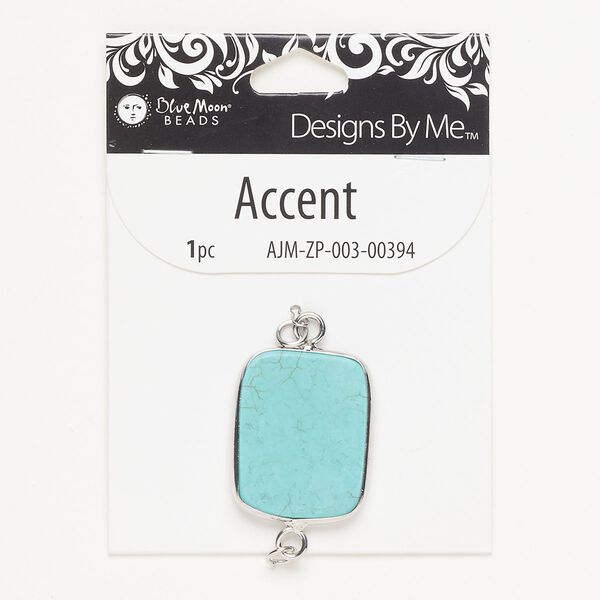 Focal, silver-finished steel and howlite (dyed), turquoise blue with matrix, 31x26mm rectangle. Sold individually. image number 0