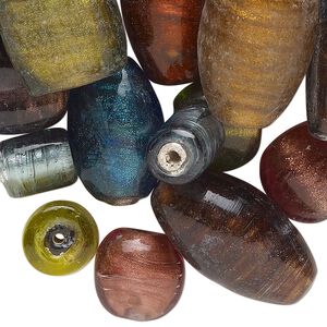 Bead mix, lampworked glass, opaque mixed colors, 9x8mm-26x20mm mixed shapes with silver-colored foil and copper-colored glitter. Sold per 6-ounce pkg, approximately 50 beads.