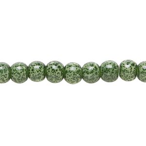 Bead, glass, opaque light green and dark green, 5-6mm round with random spotted pattern. Sold per 15-1/2" to 16" strand.