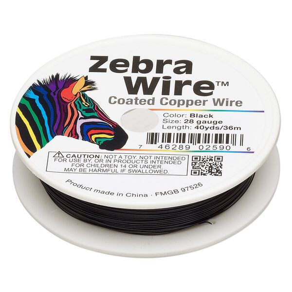 Wire, Zebra Wire™, color-coated copper, black, round, 28 gauge. Sold per 40-yard spool. image number 0