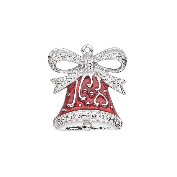 Charm, enamel and silver-plated "pewter" (zinc-based alloy), red, 20.5x19.5mm single-sided bell with fancy bow. Sold individually. image number 0