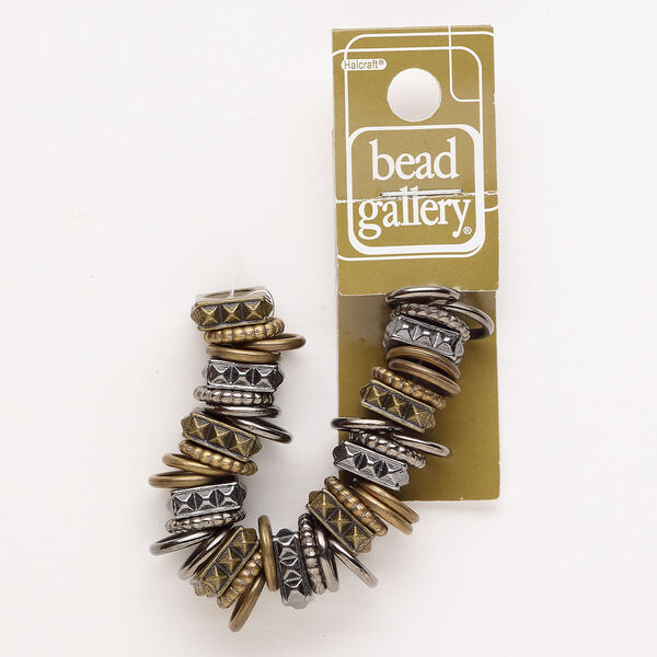 Bead assortment, antique silver-finished "pewter" (zinc-based alloy) / antique brass-finished "pewter" (zinc-based alloy) / resin, gold, 12x2mm rondelle / 13x2.5mm rondelle / 12.5x2mm textured square rondelle. Sold per 4-inch strand, approximately 40 beads. image number 0