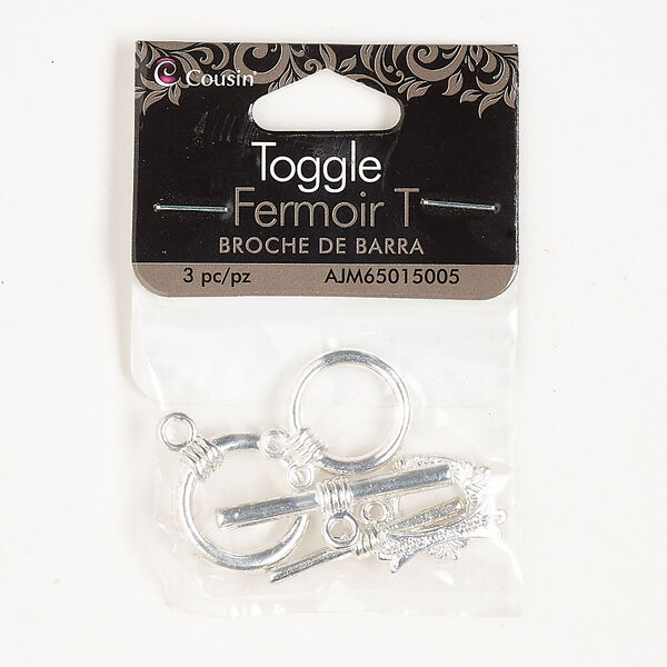 Clasp assortment, 1- and 2-strand toggle, silver-finished "pewter" (zinc-based alloy), 15mm round / 15.5mm fancy round / 18mm round. Sold per pkg of 3. image number 0