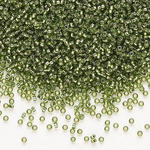 Seed bead, Miyuki, glass, pkg/250g, #15 rocaille, transparent silver-lined olive green (RR-26).
