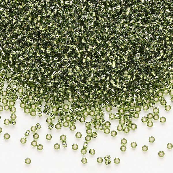 Seed bead, Miyuki, glass, pkg/250g, #15 rocaille, transparent silver-lined olive green (RR-26). image number 0