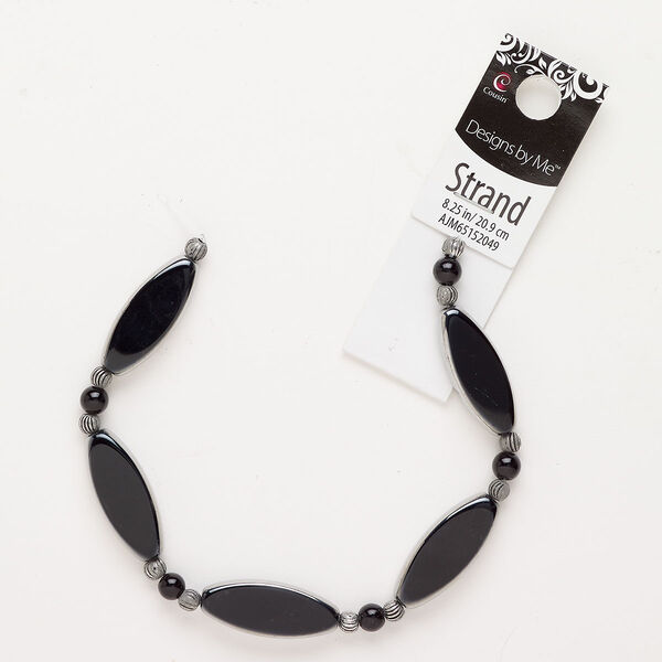 Bead 1pkg1 "pewter" (zinc-based alloy) / glass, mixed sizes / shapes, 8 inch assortment antique silver finish / opaque black / silver image number 0