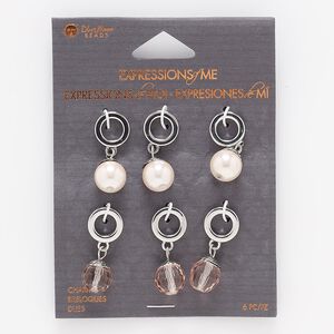 Drop, acrylic pearl / steel/ silver-finished "pewter" (zinc-based alloy), pink, 28mm dangle with 9mm round and faceted round with 6.5mm hole. Sold per pkg of 6.