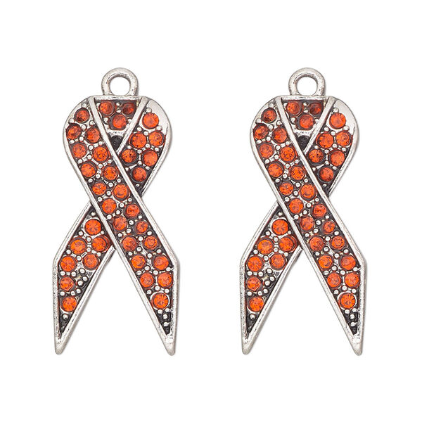 Charm, antique silver-finished "pewter" (zinc-based alloy) and glass, orange, 27x13mm single-sided awareness ribbon. Sold per pkg of 2. image number 0