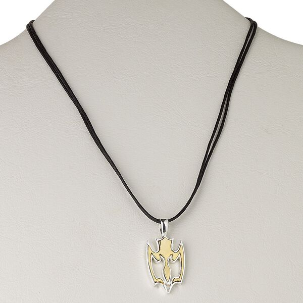 Necklace, 2-strand, waxed cotton cord with gold- and silver-plated brass, black, 29x20mm bat, 16 inches with 3-inch extender chain and lobster claw clasp. Sold individually. image number 0