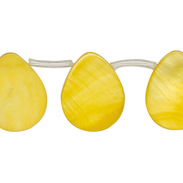 Bead, mother-of-pearl shell (dyed), golden yellow, 19x6mm-20x13mm top-drilled flat teardrop, Mohs hardness 3-1/2. Sold per 14-inch strand, approximately 20 beads. image number 0