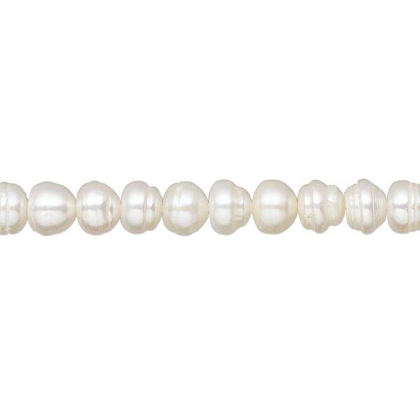 Pearl, cultured freshwater (bleached), white, 5-6mm button, C grade, Mohs hardness 2-1/2 to 4. Sold per 15-1/2" to 16" strand. image number 0