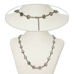 Necklace, jasper (dyed) and antiqued brass-finished steel, 14mm flat round, 25 inches with 1-1/2 inch extender chain and lobster claw clasp. Sold individually.