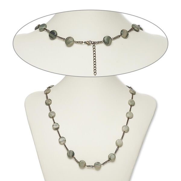 Necklace, jasper (dyed) and antiqued brass-finished steel, 14mm flat round, 25 inches with 1-1/2 inch extender chain and lobster claw clasp. Sold individually. image number 0