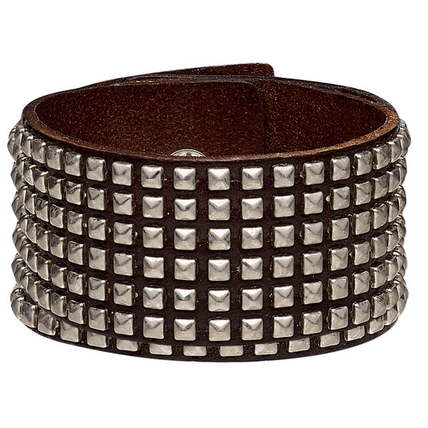 Bracelet, leather (dyed) and silver-plated steel, brown, 35mm wide with square studs, adjustable at 5-1/2 and 6-1/2 inches with snap closure. Sold individually. image number 0