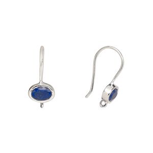 Ear wire fishhook 1pkg2 sterling silver / lapis lazuli (natural), 15.5mm / 7.5x5.5mm oval / hand-cut / closed loop, 22 gauge 1 pair