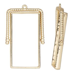 Focal, gold-finished "pewter" (zinc-based alloy), 44x28mm open rectangle with rotating center and beaded top. Sold per pkg of 2.