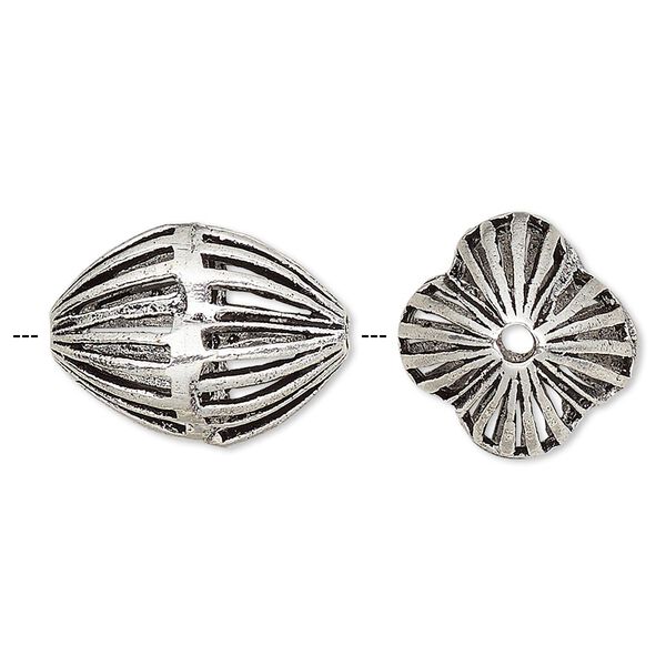 Bead, antiqued silver-finished brass, 20x16mm open fluted oval. Sold per pkg of 2. image number 0