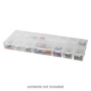 Organizer, plastic, clear, 9-1/2 x 1 x 4-1/4 inch rectangle with 14 fixed compartments with individual snap lids. Sold individually.