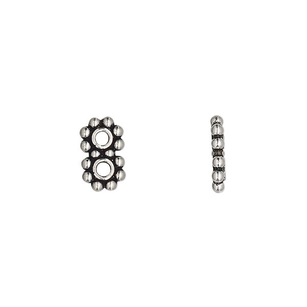 Spacer bar, antiqued sterling silver, 10x6mm 2-strand beaded rectangle, 5mm between holes. Sold per pkg of 2. image number 0